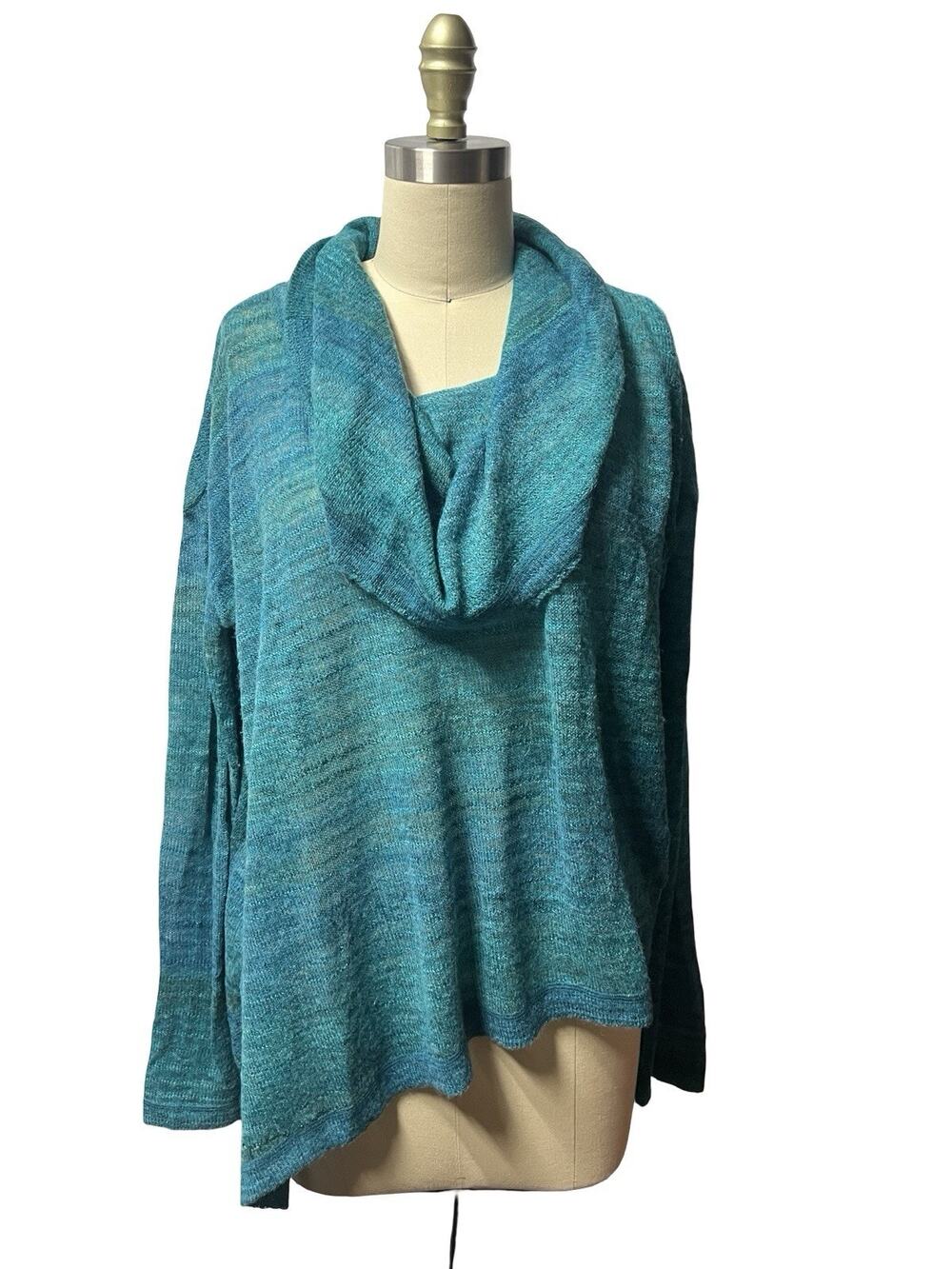PrAna Nenah Cowl Neck Alpaca Wool Loose Knit Asymmetrical Teal Sweater SZ M